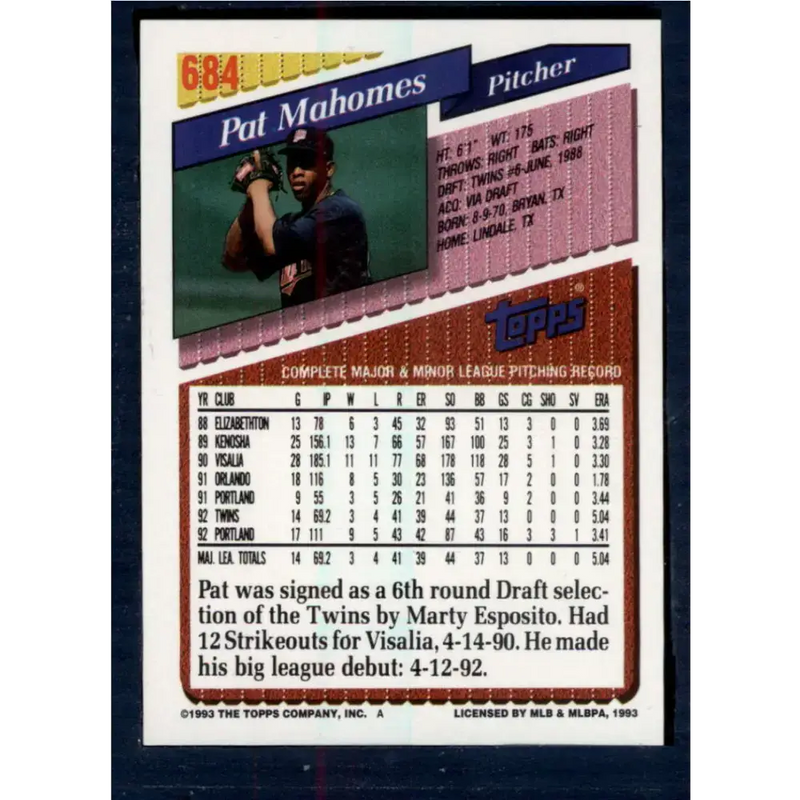 1993 Topps #684 Pat Mahomes NM-MT Minnesota Twins Baseball Card - Baseball Card Single