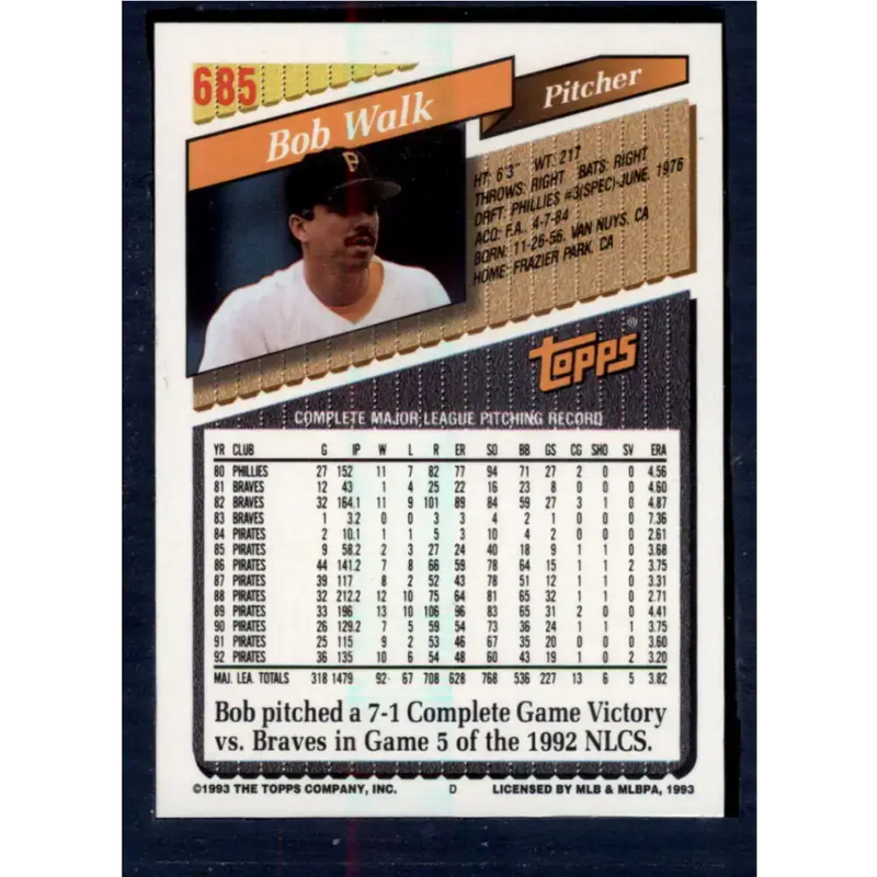 1993 Topps #685 Bob Walk NM-MT Pittsburgh Pirates Baseball Card - Baseball Card Single
