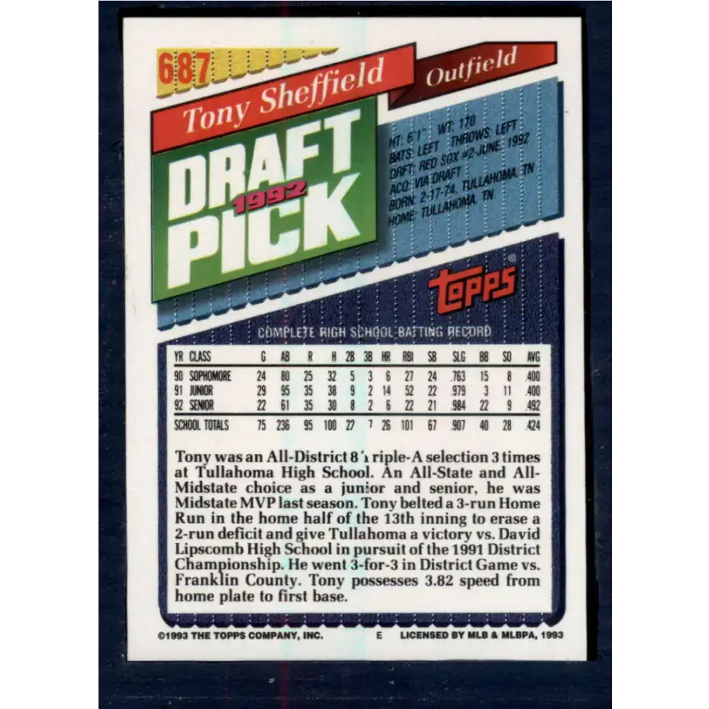 1993 Topps #687 Tony Sheffield NM-MT RC Rookie Boston Red Sox Baseball Card - Baseball Card Single