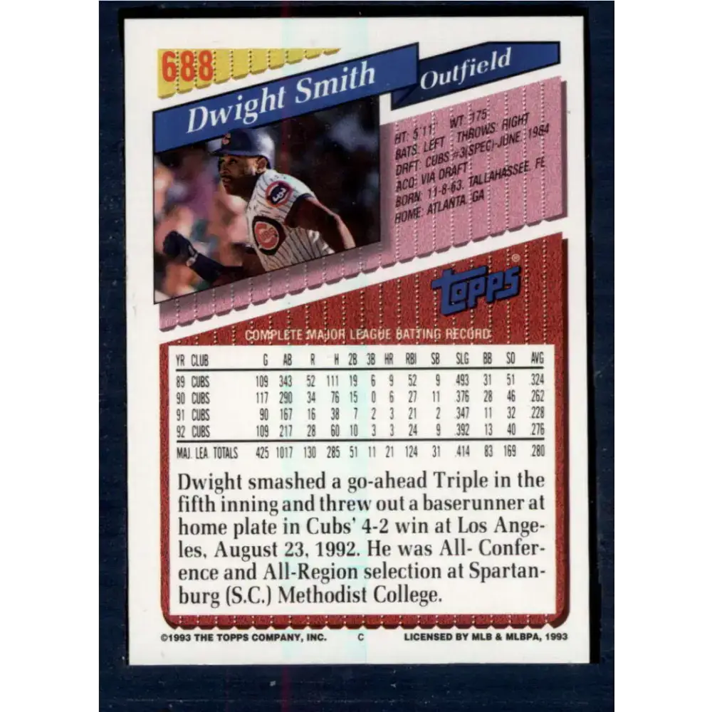 1993 Topps #688 Dwight Smith NM-MT Chicago Cubs Baseball Card - Baseball Card Single