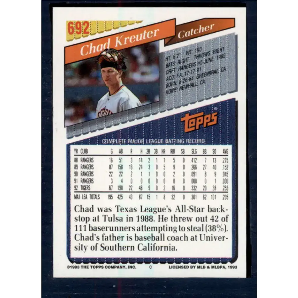 1993 Topps #692 Chad Kreuter NM-MT Detroit Tigers Baseball Card - Baseball Card Single