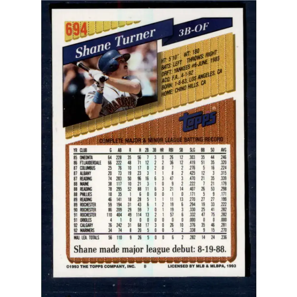1993 Topps #694 Shane Turner NM-MT Seattle Mariners Baseball Card - Baseball Card Single