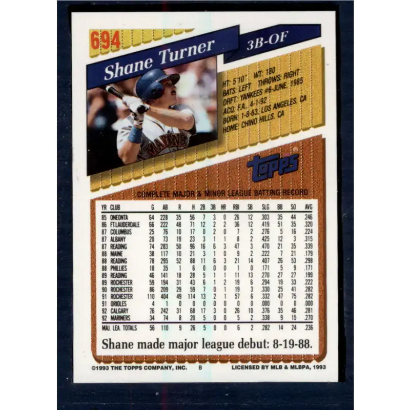 1993 Topps #694 Shane Turner NM-MT Seattle Mariners Baseball Card - Baseball Card Single