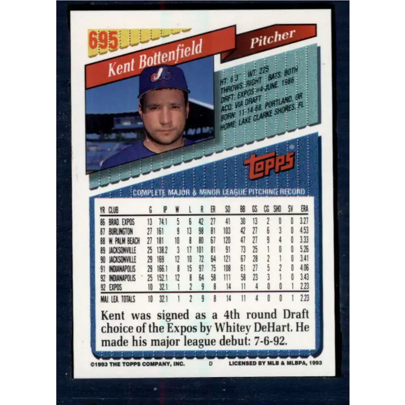 1993 Topps #695 Kent Bottenfield NM-MT Montreal Expos Baseball Card - Baseball Card Single