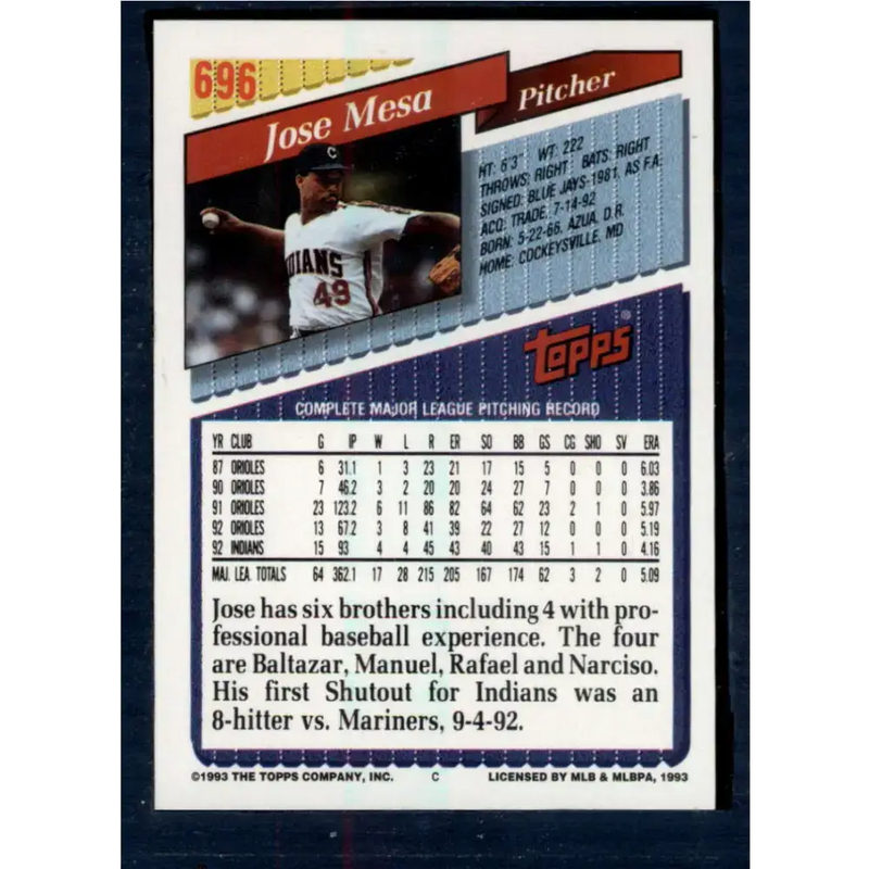 1993 Topps #696 Jose Mesa NM-MT Cleveland Indians Baseball Card - Baseball Card Single