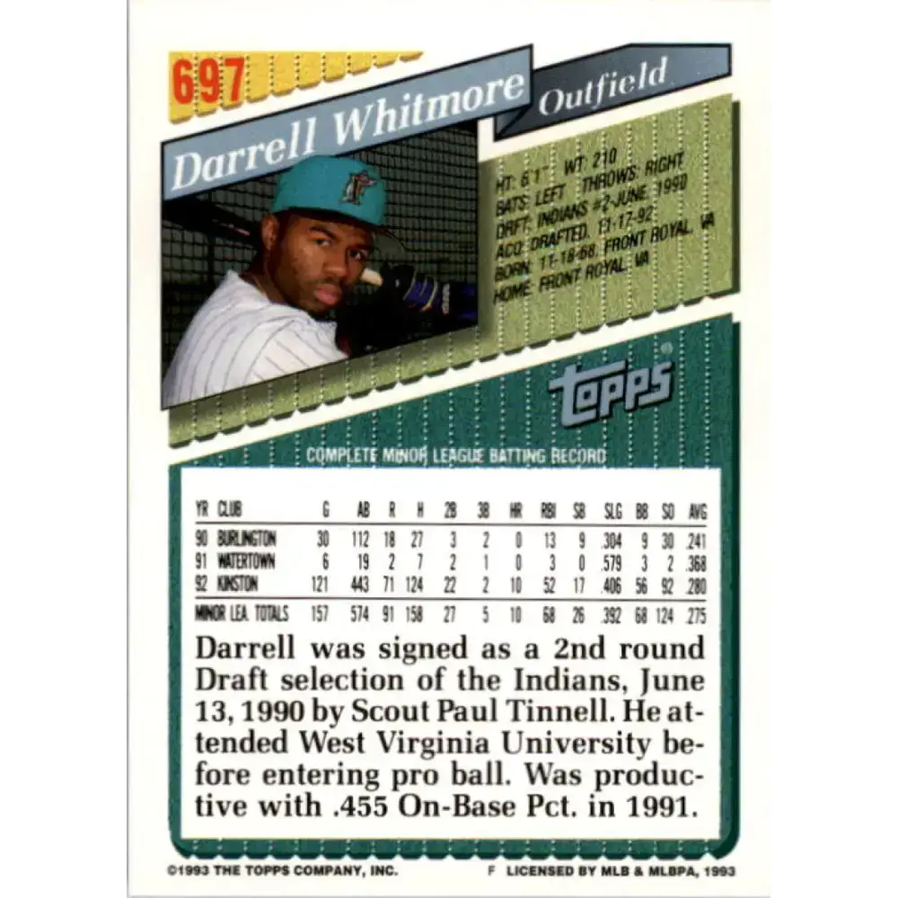 1993 Topps #697 Darrell Whitmore NM-MT RC Rookie Florida Marlins Baseball Card - Baseball Card Single