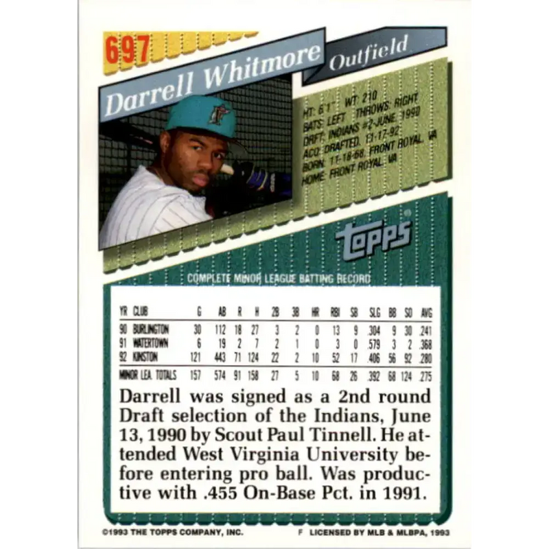 1993 Topps #697 Darrell Whitmore NM-MT RC Rookie Florida Marlins Baseball Card - Baseball Card Single
