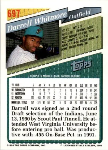 1993 Topps #697 Darrell Whitmore NM-MT RC Rookie Marlins - Baseball Card Single