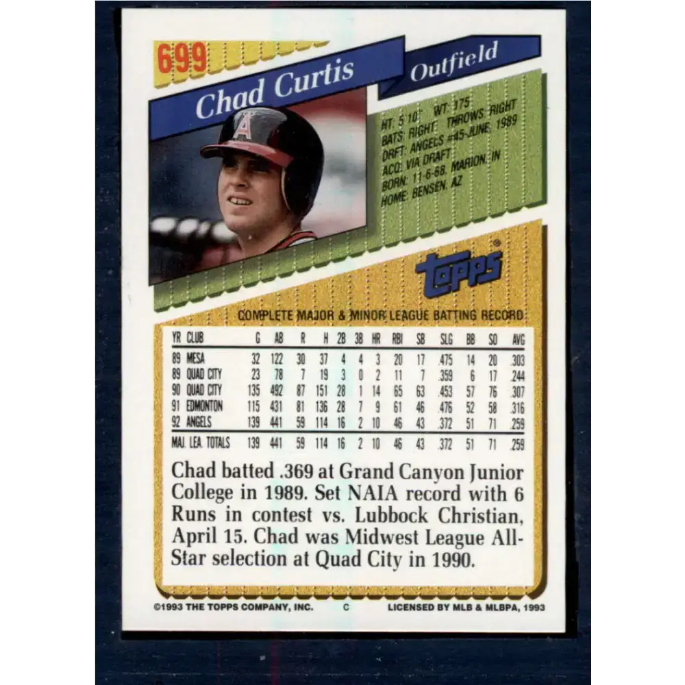 1993 Topps #699 Chad Curtis NM-MT California Angels Baseball Card - Baseball Card Single
