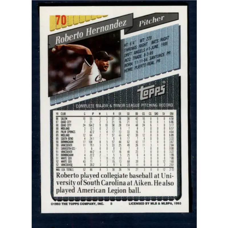 1993 Topps #70 Roberto Hernandez NM-MT Chicago White Sox Baseball Card - Baseball Card Single