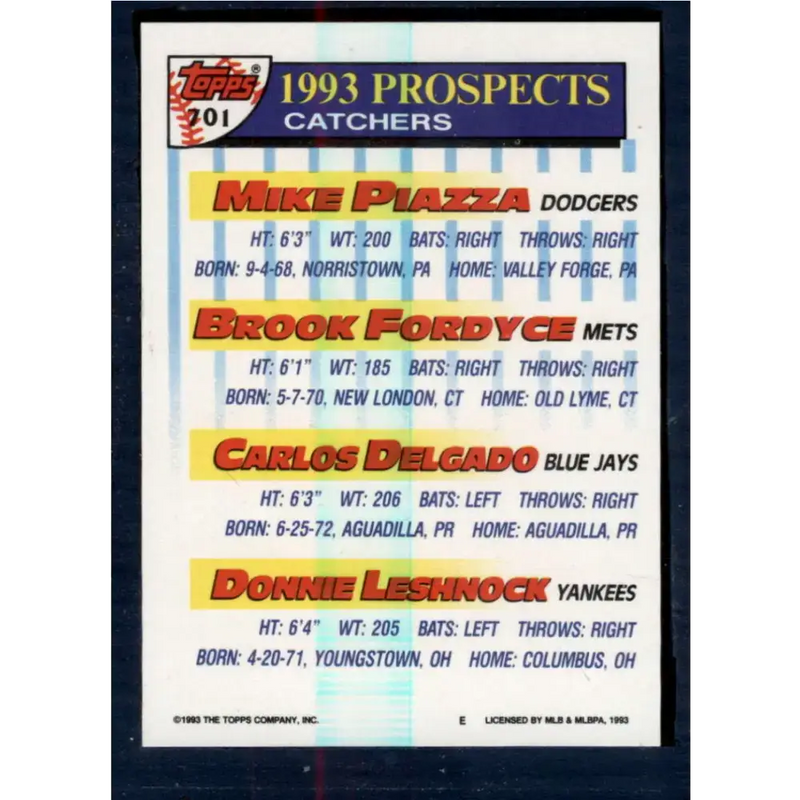 1993 Topps #701 Mike Piazza/Brook Fordyce/Carlos Delgado/Donnie Leshnock NM-MT Los Angeles Dodgers/New York