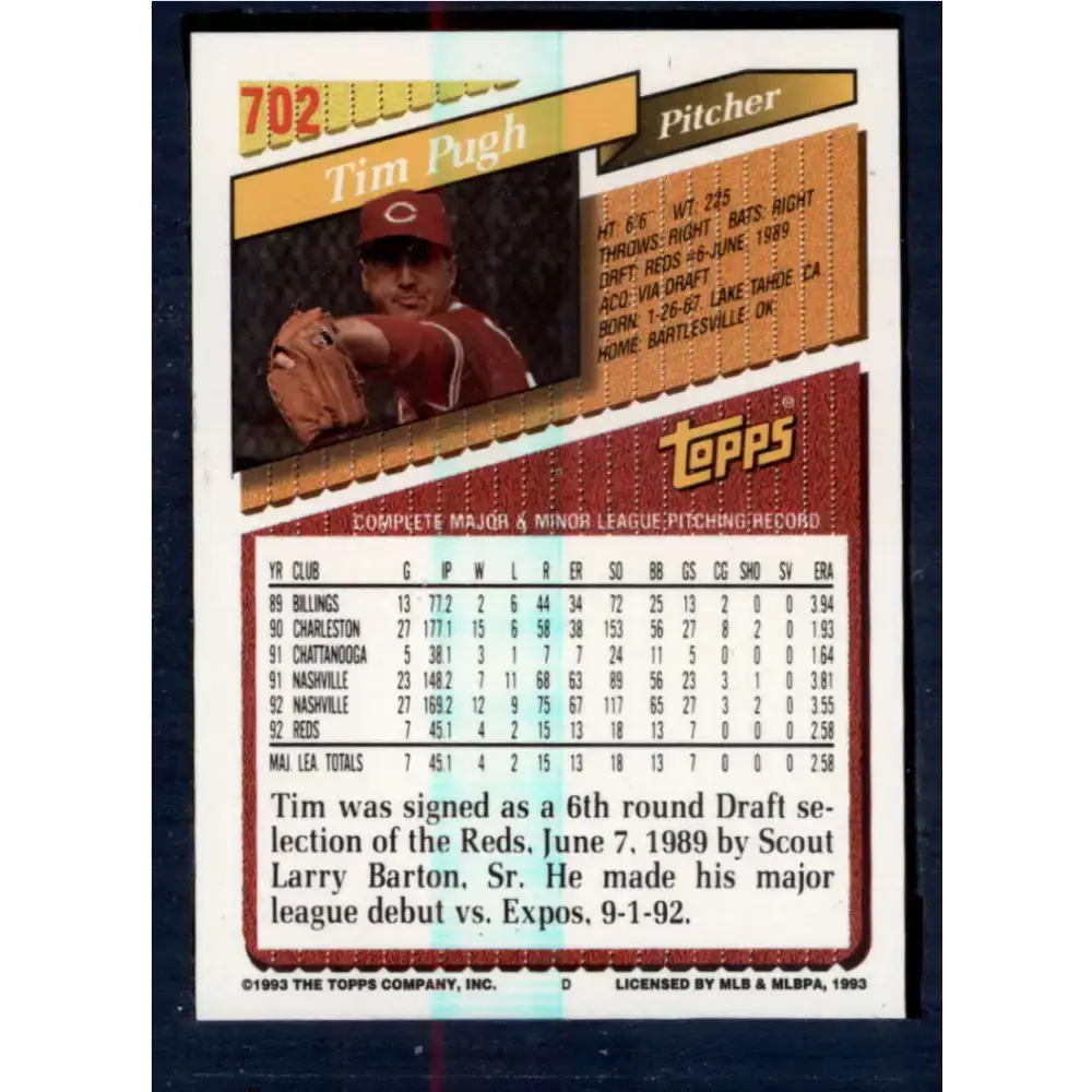 1993 Topps #702 Tim Pugh NM-MT RC Rookie Cincinnati Reds Baseball Card - Baseball Card Single