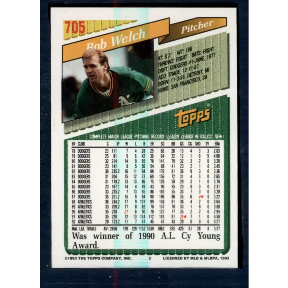 1993 Topps #705 Bob Welch NM-MT Oakland Athletics Baseball Card