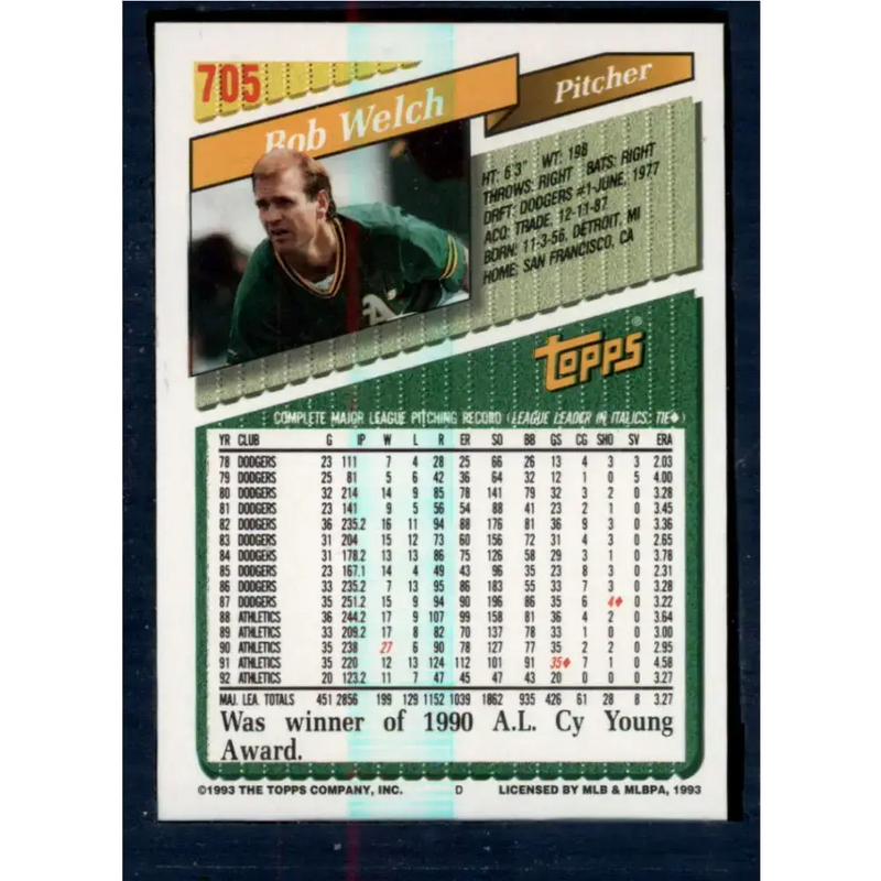 1993 Topps #705 Bob Welch NM-MT Oakland Athletics Baseball Card