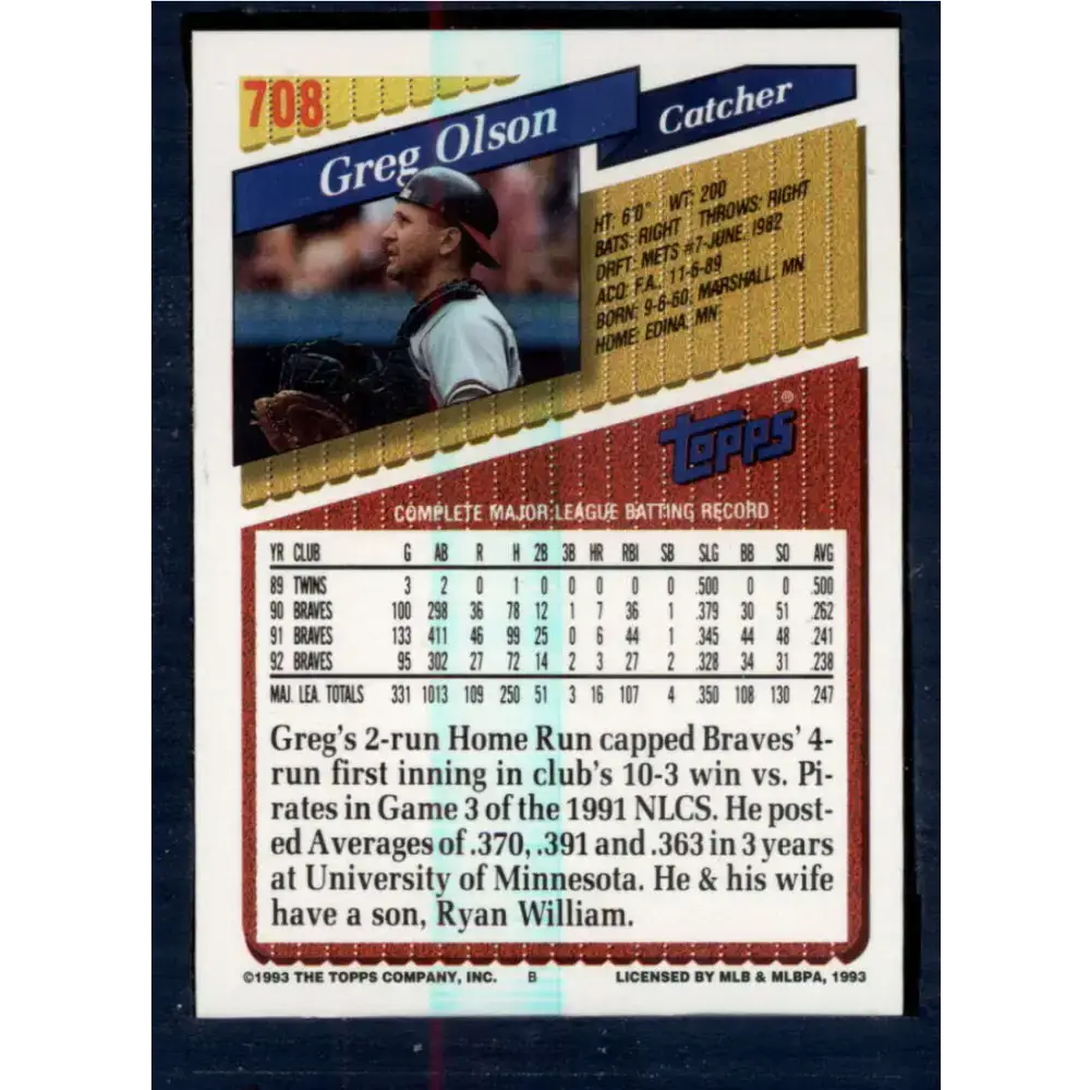 1993 Topps #708 Greg Olson NM-MT Atlanta Braves Baseball Card - Baseball Card Single