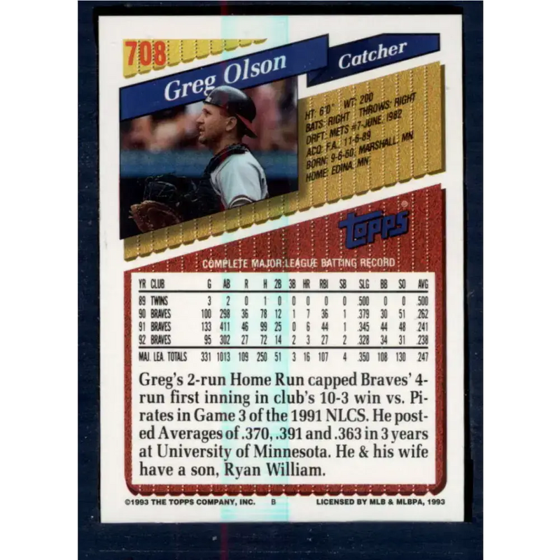 1993 Topps #708 Greg Olson NM-MT Atlanta Braves Baseball Card - Baseball Card Single
