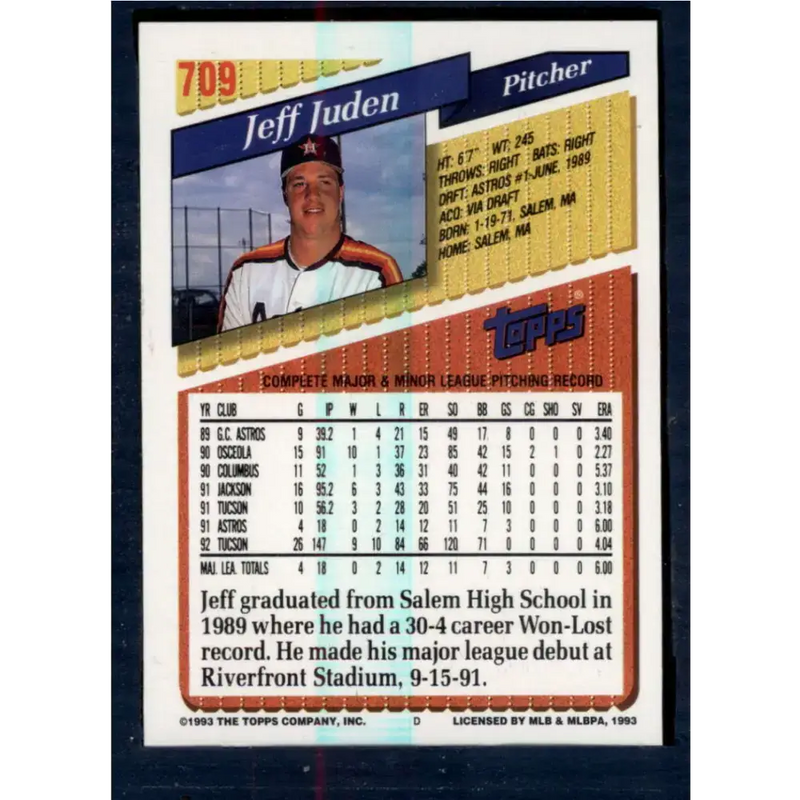 1993 Topps #709 Jeff Juden NM-MT Houston Astros Baseball Card - Baseball Card Single