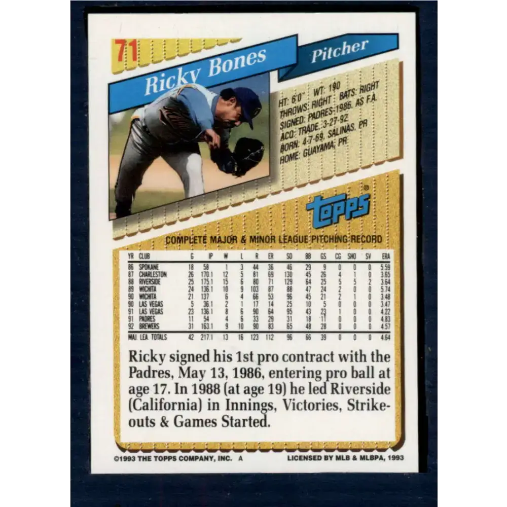 1993 Topps #71 Ricky Bones NM-MT Milwaukee Brewers Baseball Card - Baseball Card Single