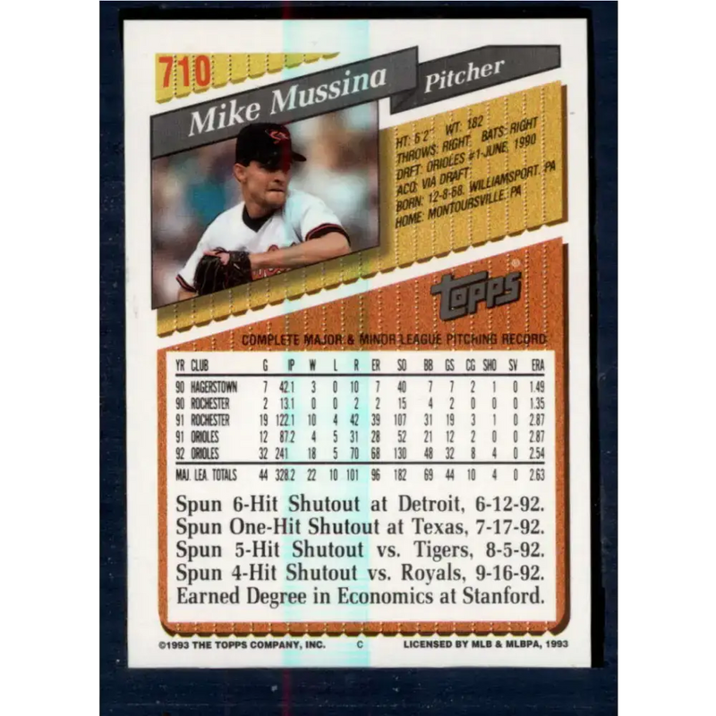 1993 Topps #710 Mike Mussina NM-MT Baltimore Orioles Baseball Card - Baseball Card Single