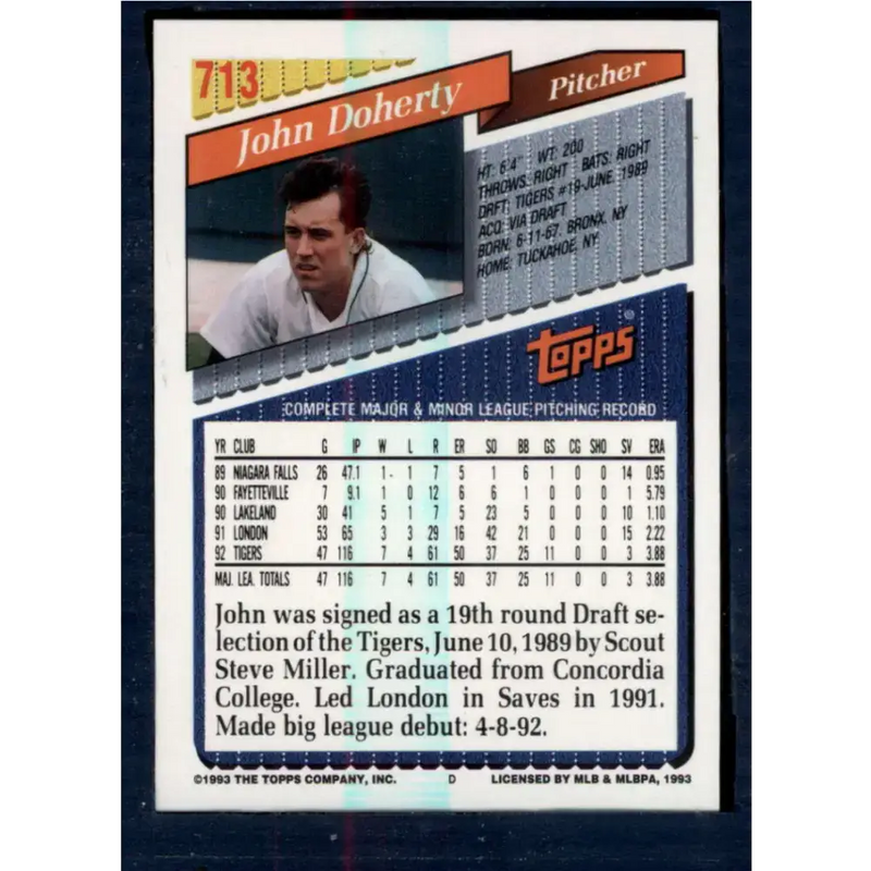 1993 Topps #713 John Doherty NM-MT Detroit Tigers Baseball Card - Baseball Card Single