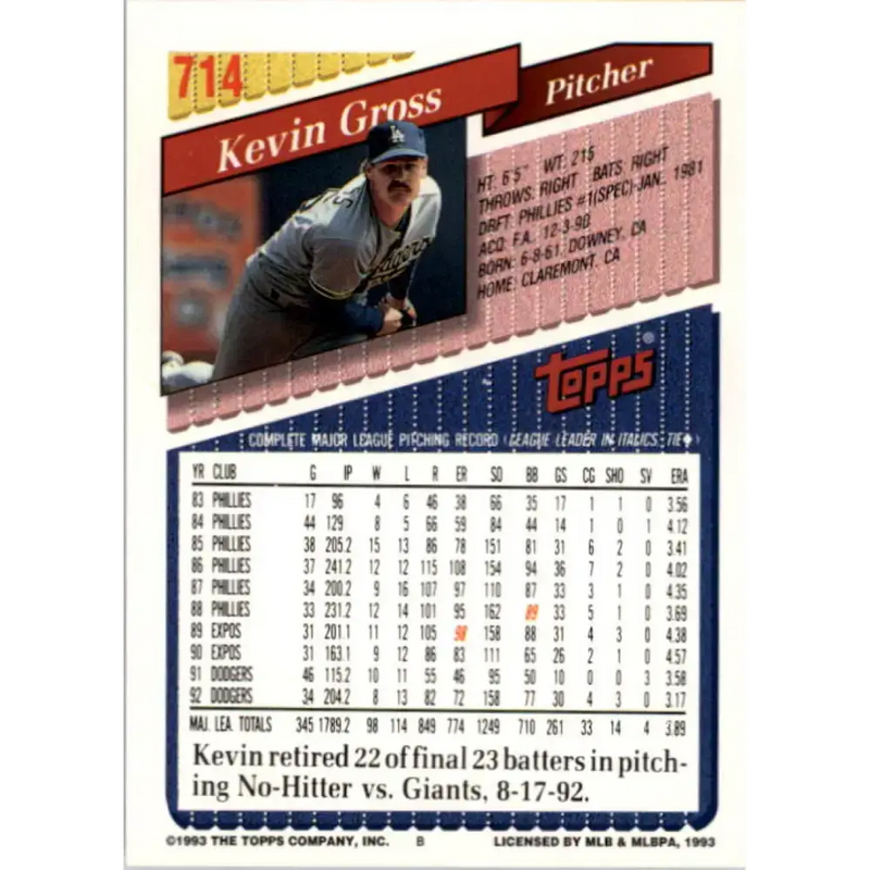 1993 Topps #714 Kevin Gross NM-MT Los Angeles Dodgers Baseball Card - Baseball Card Single