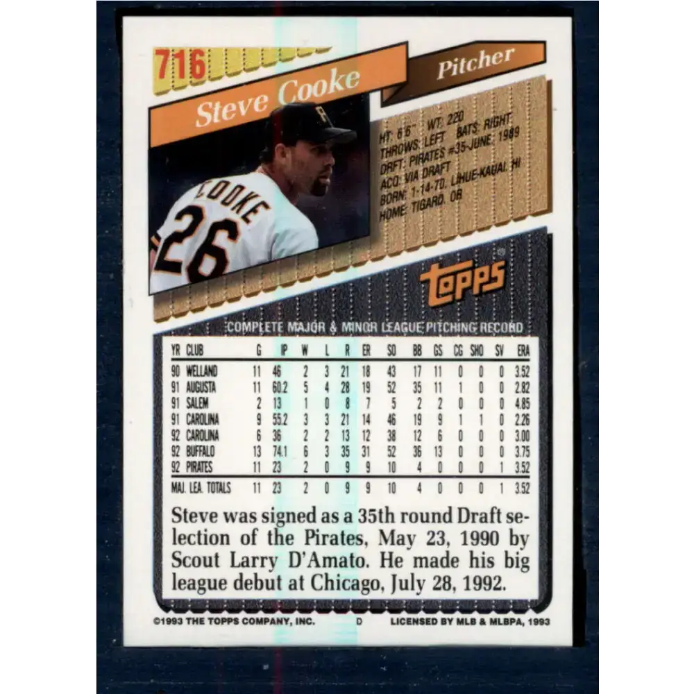 1993 Topps #716 Steve Cooke NM-MT Pittsburgh Pirates Baseball Card - Baseball Card Single
