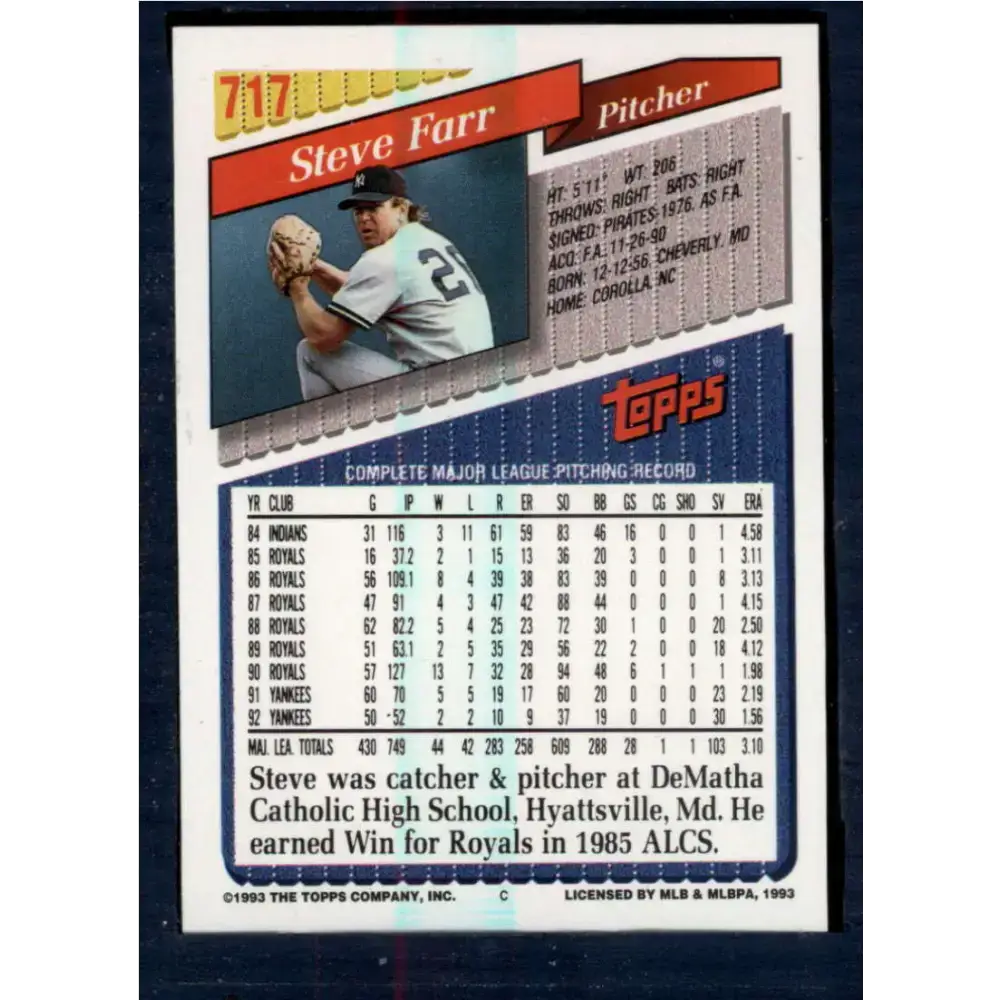 1993 Topps #717 Steve Farr NM-MT New York Yankees Baseball Card