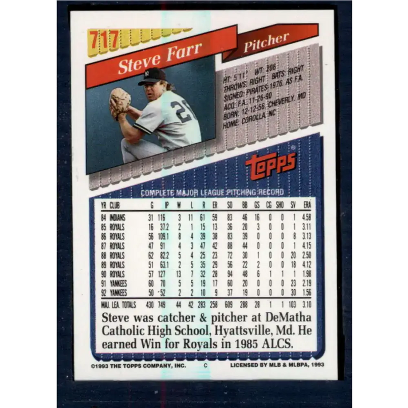 1993 Topps #717 Steve Farr NM-MT New York Yankees Baseball Card