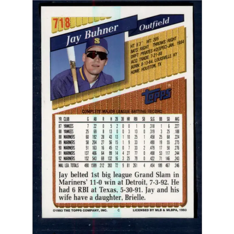 1993 Topps #718 Jay Buhner NM-MT Seattle Mariners Baseball Card - Baseball Card Single