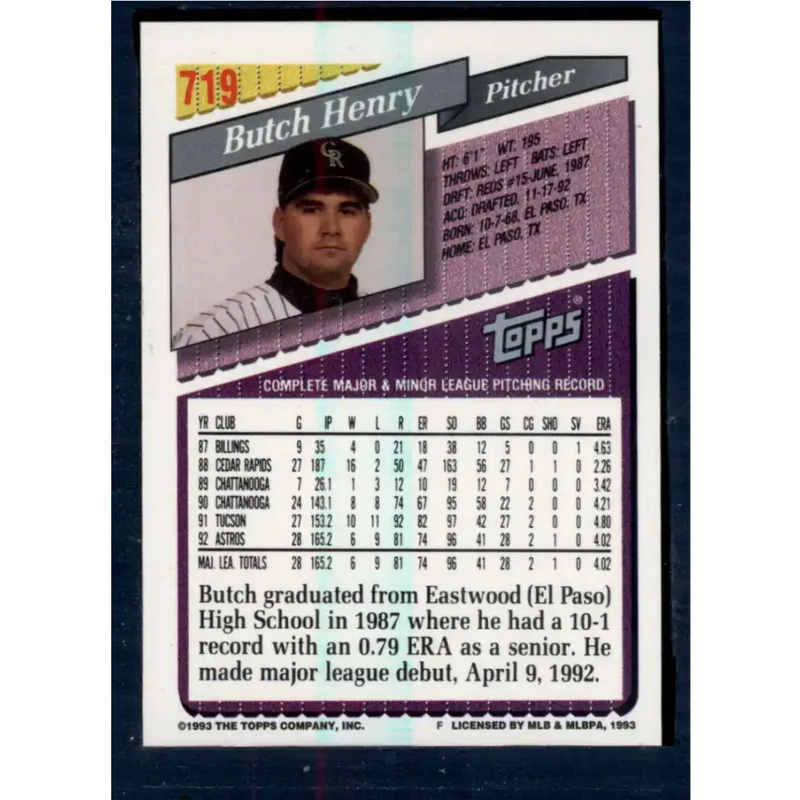 1993 Topps #719 Butch Henry NM-MT Colorado Rockies Baseball Card - Baseball Card Single