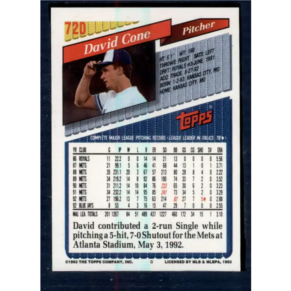 1993 Topps #720 David Cone NM-MT Toronto Blue Jays Baseball Card - Baseball Card Single