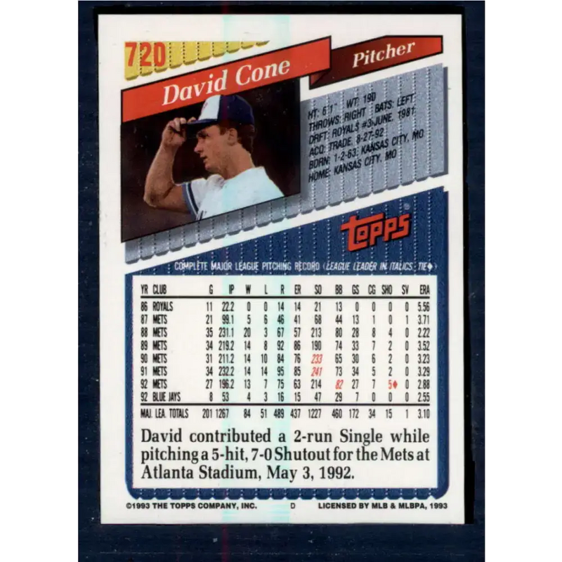 1993 Topps #720 David Cone NM-MT Toronto Blue Jays Baseball Card - Baseball Card Single