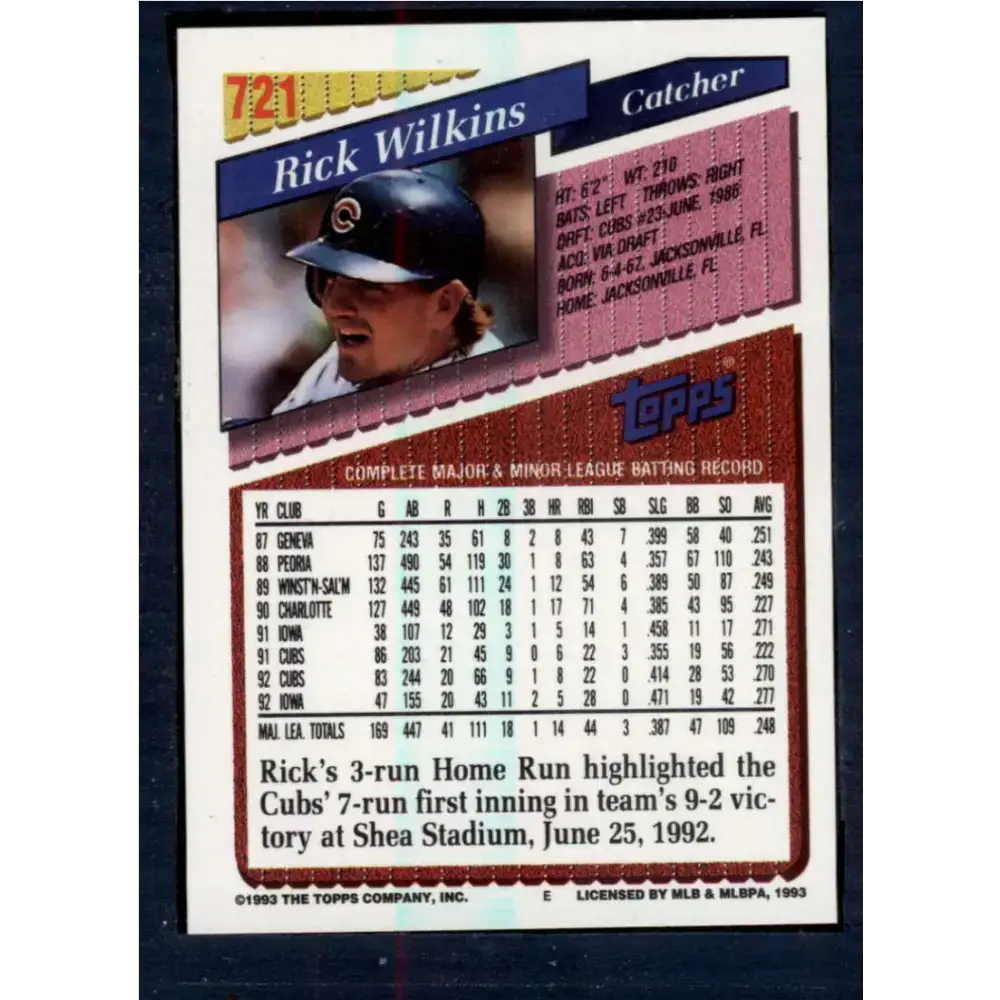 1993 Topps #721 Rick Wilkins NM-MT Chicago Cubs Baseball Card - Baseball Card Single
