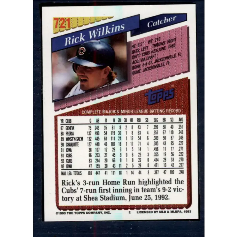 1993 Topps #721 Rick Wilkins NM-MT Chicago Cubs Baseball Card - Baseball Card Single