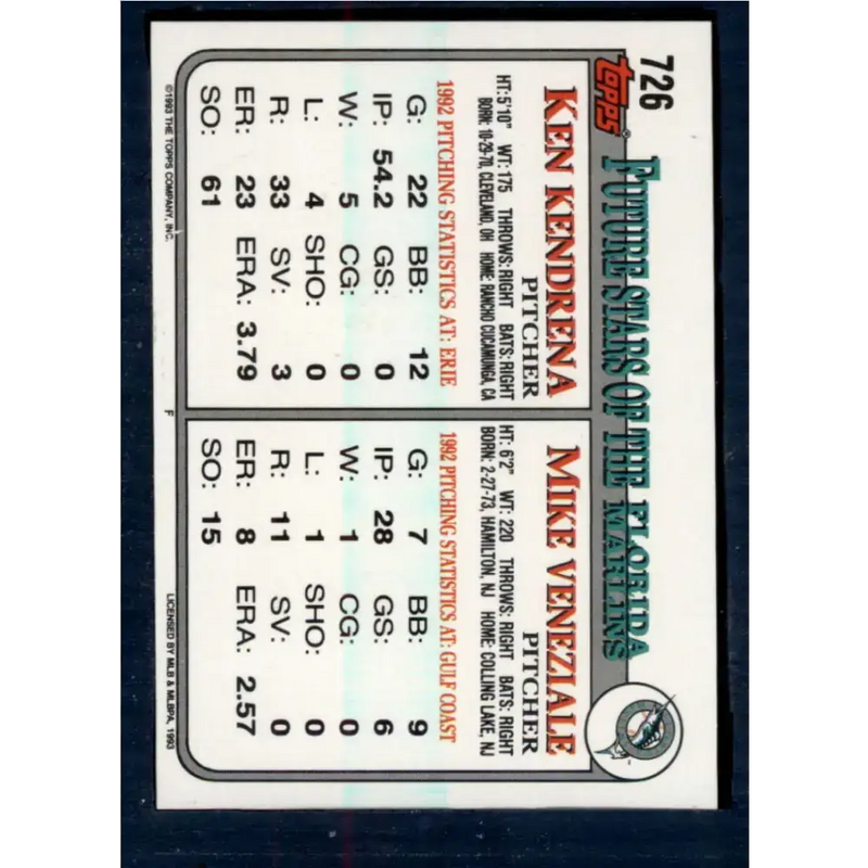1993 Topps #726 Mike Veneziale/Ken Kendrena NM-MT RC Rookie Florida Marlins Baseball Card - Baseball Card Single
