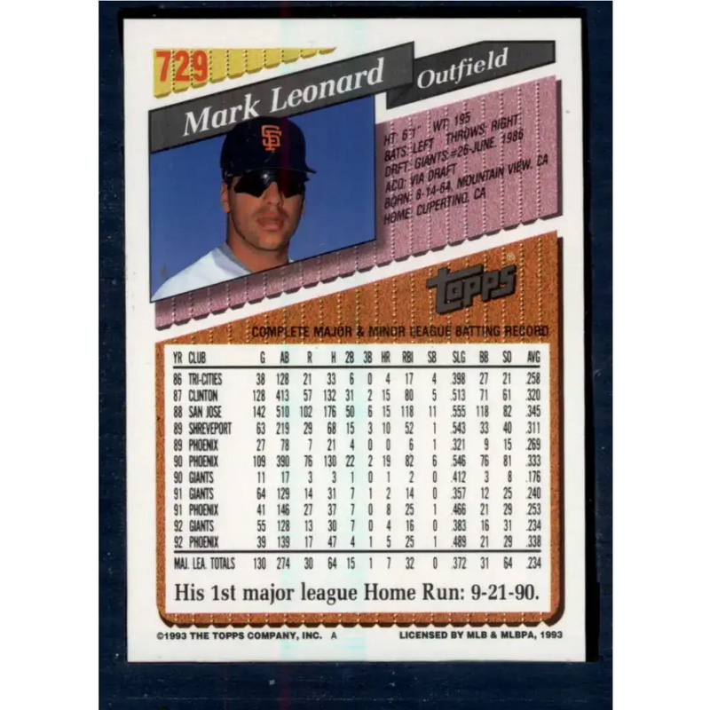 1993 Topps #729 Mark Leonard NM-MT San Francisco Giants Baseball Card - Baseball Card Single