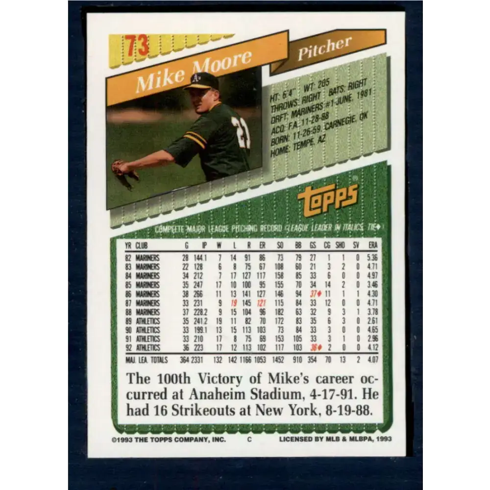1993 Topps #73 Mike Moore NM-MT Oakland Athletics Baseball Card - Baseball Card Single