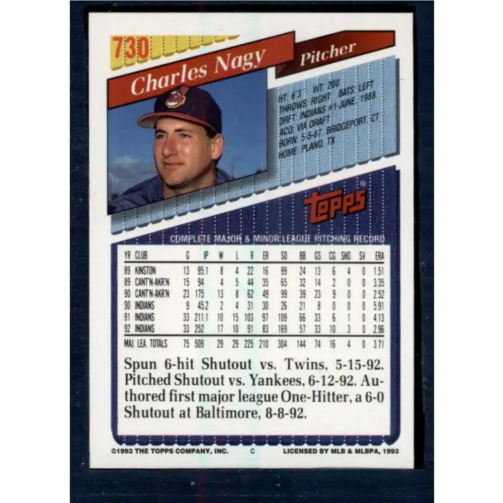 1993 Topps #730 Charles Nagy NM-MT Cleveland Indians Baseball Card - Baseball Card Single
