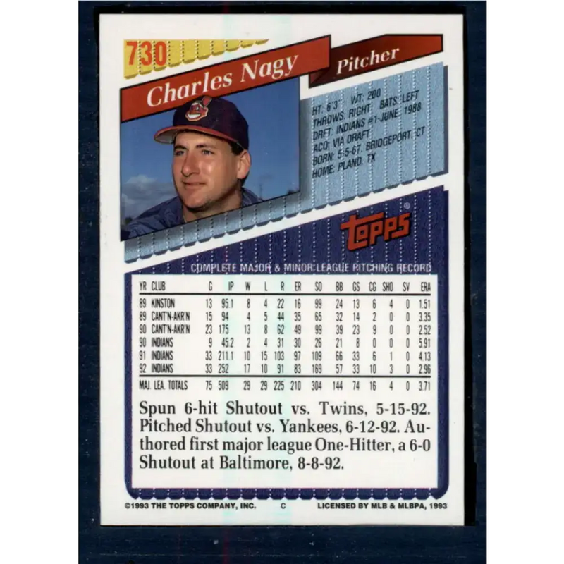 1993 Topps #730 Charles Nagy NM-MT Cleveland Indians Baseball Card - Baseball Card Single