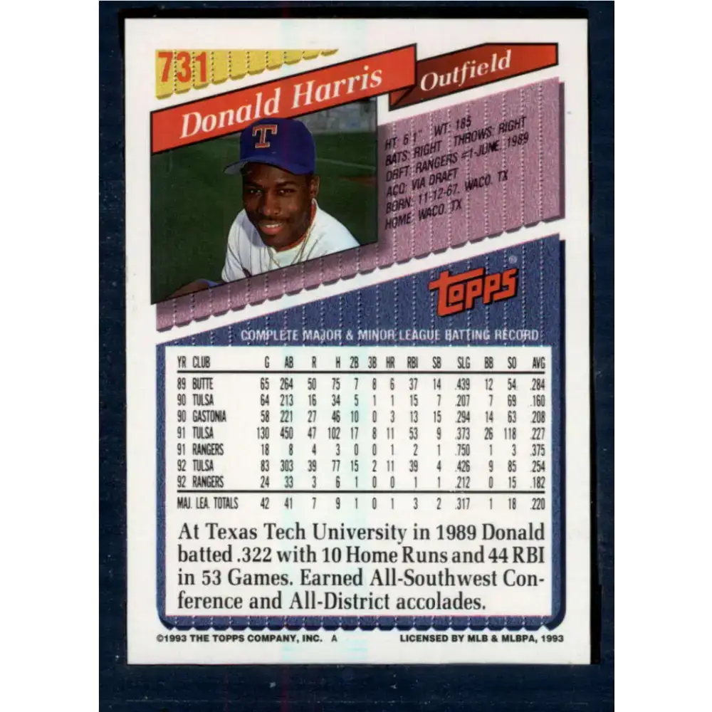 1993 Topps #731 Donald Harris NM-MT Texas Rangers Baseball Card - Baseball Card Single