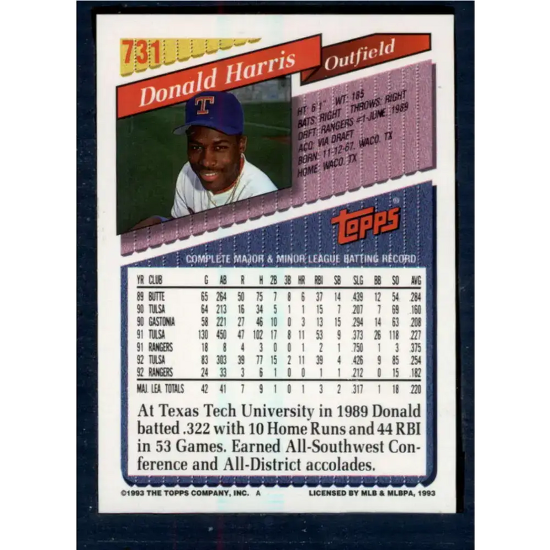 1993 Topps #731 Donald Harris NM-MT Texas Rangers Baseball Card - Baseball Card Single