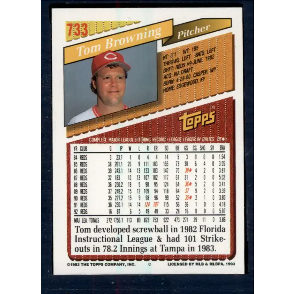 1993 Topps #733 Tom Browning NM-MT Cincinnati Reds Baseball Card - Baseball Card Single