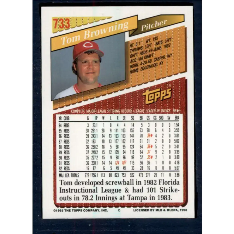 1993 Topps #733 Tom Browning NM-MT Cincinnati Reds Baseball Card - Baseball Card Single