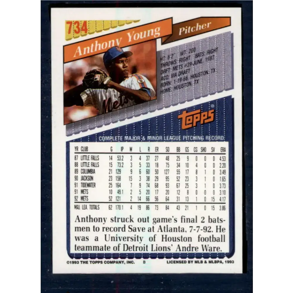 1993 Topps #734 Anthony Young NM-MT New York Mets Baseball Card - Baseball Card Single