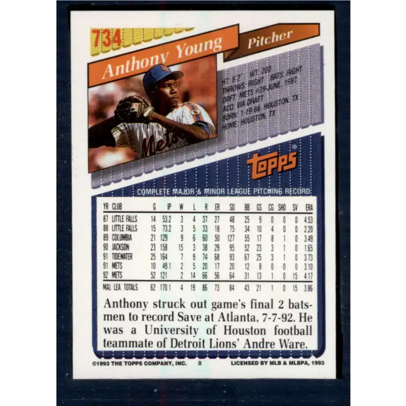1993 Topps #734 Anthony Young NM-MT New York Mets Baseball Card - Baseball Card Single
