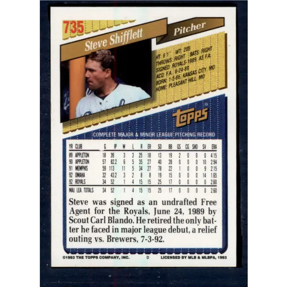 1993 Topps #735 Steve Shifflett NM-MT Kansas City Royals Baseball Card - Baseball Card Single