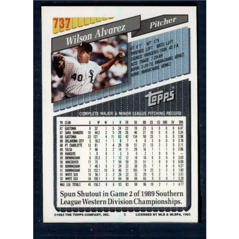 1993 Topps #737 Wilson Alvarez NM-MT Chicago White Sox Baseball Card - Baseball Card Single