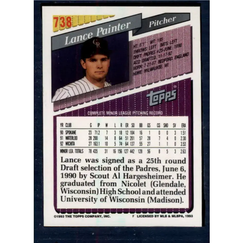 1993 Topps #738 Lance Painter NM-MT RC Rookie Colorado Rockies Baseball Card - Baseball Card Single