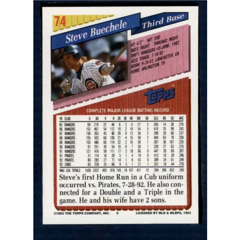 1993 Topps #74 Steve Buechele NM-MT Chicago Cubs Baseball Card