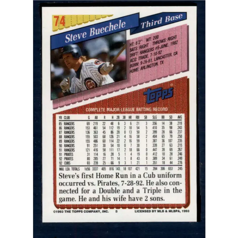 1993 Topps #74 Steve Buechele NM-MT Chicago Cubs Baseball Card